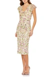 Mac Duggal Floral Embellished Flutter Cap Sleeve Dress In Cream Multi