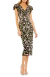 Mac Duggal Floral Embellished Flutter Cap Sleeve Dress In Black Multi