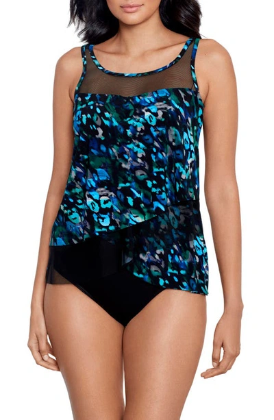 Miraclesuit Womens Sophisticat Mirage Underwire Tankini Top High Waist Tummy Control Bikini Bottoms In Black,multi