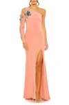 Mac Duggal One Shoulder Long Sleeve Floral Embellished Gown In Peach Multi