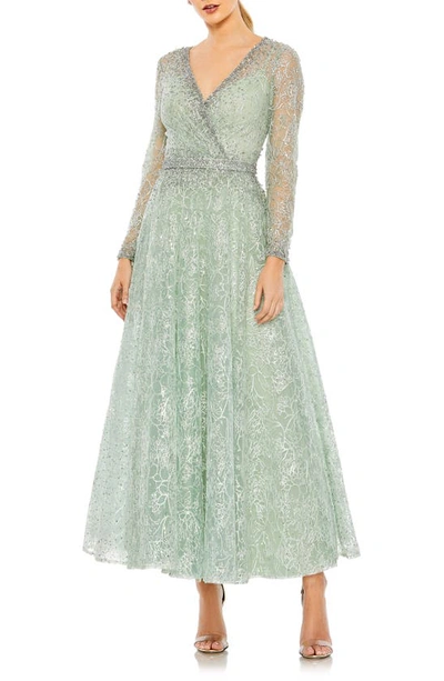 Mac Duggal Embellished Wrap Over Long Sleeve Midi Dress In Sage