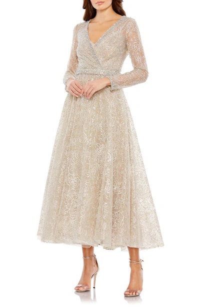 Mac Duggal Embellished Wrap Over Long Sleeve Midi Dress In Taupe
