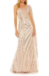Mac Duggal One Shoulder Cape Sleeve Embellished Gown In Beige Silver