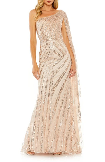 Mac Duggal One Shoulder Cape Sleeve Embellished Gown In Beige Silver