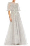 Mac Duggal Embellished Puff Sleeve A Line Gown In Platinum