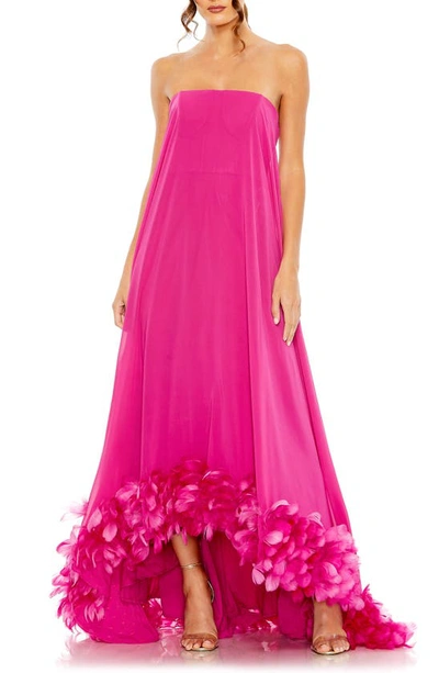 Mac Duggal Chiffon Strapless High Low Feather Hem Gown In Pink