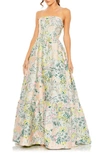 MAC DUGGAL FLORAL BROCADE STRAPLESS A-LINE GOWN