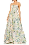 Mac Duggal Floral Brocade Strapless A Line Gown In Pastel Multi