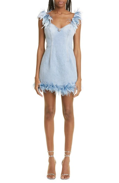 Area Frayed Denim Feather Mini Dress Light Blue