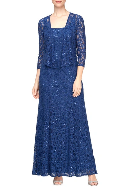 Alex Evenings Sequin Lace Jacket Gown In Royal