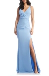 Dress The Population Jordan Ruched Side Slit Gown In Sky