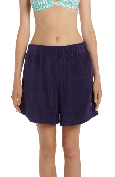 Moncler Logo-patch Velour Shorts In Navy