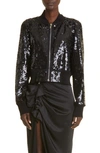 RICK OWENS SEQUIN EMBROIDERED RECYCLED NYLON TULLE CROP BOMBER JACKET
