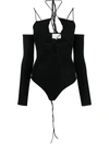 Lama Jouni Off-shoulder Tie-detail Bodysuit In Black