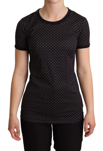 Dolce & Gabbana Black Dotted Crewneck  Cotton T-shirt