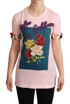 DOLCE & GABBANA PINK COTTON FLORAL ROSES CREWNECK T-SHIRT