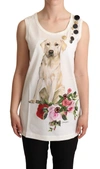 DOLCE & GABBANA WHITE DOG FLORAL PRINT EMBELLISHED  T-SHIRT