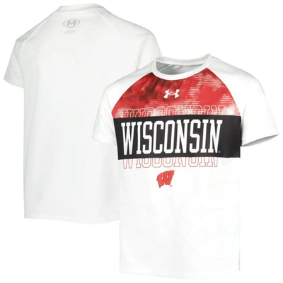 UNDER ARMOUR YOUTH UNDER ARMOUR WHITE WISCONSIN BADGERS GAMEDAY PRINT RAGLAN T-SHIRT