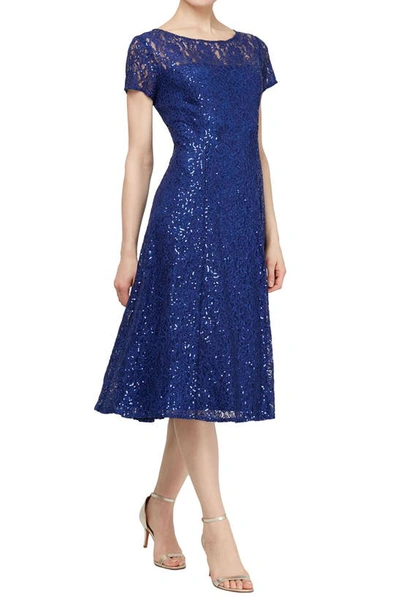 Sl Fashions Tea Length Sequin Lace Dress In Iris Blue