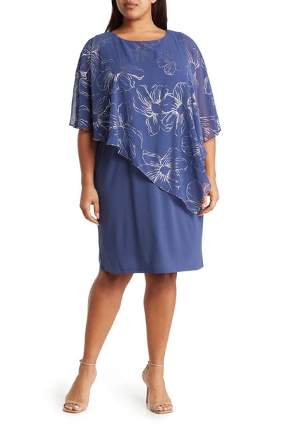 Sl Fashions Floral Asymmetric Popover Shift Dress In Wedgewood