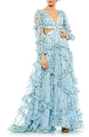 Mac Duggal Long Sleeve Ruffle Chiffon Empire Waist Gown In Powder Blue