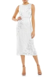 Mac Duggal Striped Floral Embellished Sleeveless Midi Dress In White