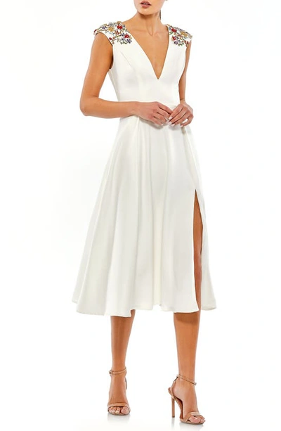 Ieena For Mac Duggal Beaded Cap Sleeve A Line Midi Dress In White Multi