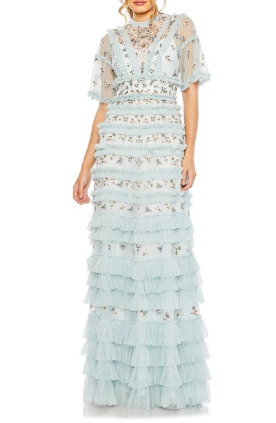 Mac Duggal High Neck Ruffle Tiered Floral Gown In Blue