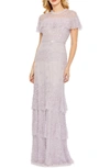 Mac Duggal Embellished Cap Sleeve Ruffle Tiered Gown In Lilac
