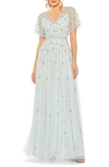 Mac Duggal V Neck Embellished Flutter Sleeve A Line Gown In Mist