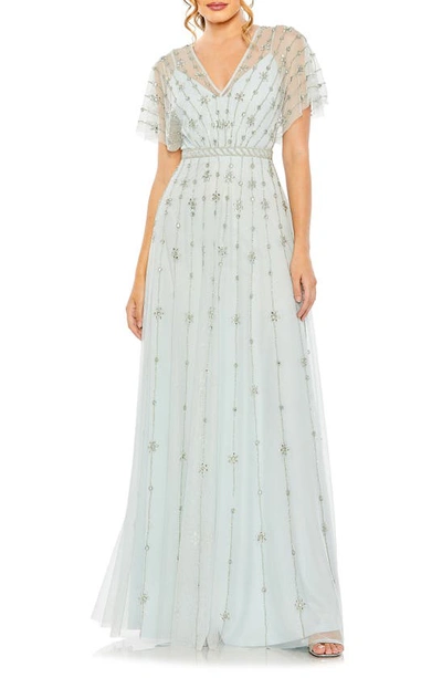 Mac Duggal V Neck Embellished Flutter Sleeve A Line Gown In Mist