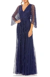 Mac Duggal Beaded Striping Kimono Sleeve V-neck Gown In Navy