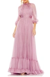 Mac Duggal Sheer Sleeve Gathered Chiffon A-line Gown In Vintage Lilac