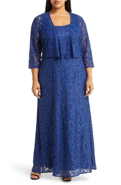 Alex Evenings Lace & Sequin Jacket Dress In Royal