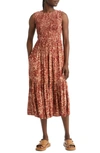 Treasure & Bond Smocked Sleeveless Midi Dress In Rust Henna Claire Floral