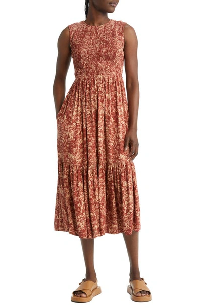 Treasure & Bond Smocked Sleeveless Midi Dress In Red - Rust Jungle Toile