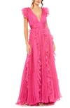 MAC DUGGAL PLEATED RUFFLE CAP SLEEVE CHIFFON GOWN