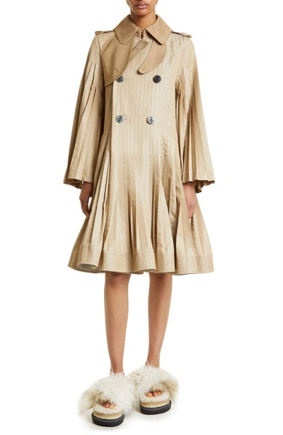 Sacai Pleated Gabardine Trench Coat In Beige | ModeSens
