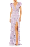 Mac Duggal Ruffle Tiered Criss Cross Lace Up Gown In Purple Multi
