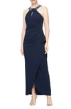 Sl Fashions Crystal Embellished Halter Neck Sleeveless Tulip Maxi Dress In Navy