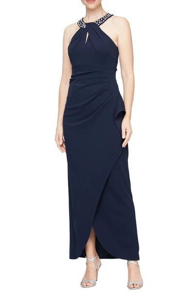 Sl Fashions Crystal Embellished Halter Neck Sleeveless Tulip Maxi Dress In Navy