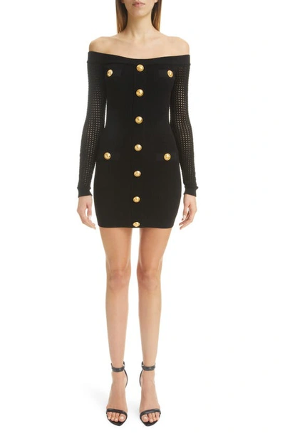 Balmain Button-front Off-the-shoulder Mesh-sleeve Mini Dress In Black