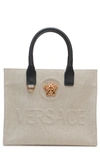 Versace Small La Medusa Logo Canvas Tote In Rope Black- Gold