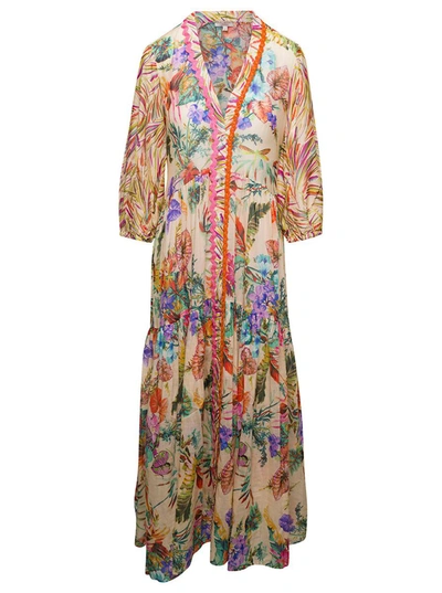 Anjuna 'luella' Long Multicolor Dress With All-over Graphic Print In Silk Blend Woman In White