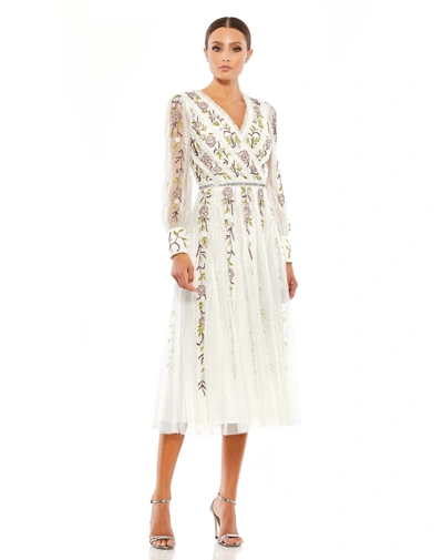 Mac Duggal Long Sleeve Embroidered Wrap Midi Dress In Ivory Multi