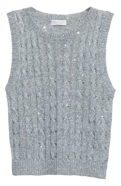 Brunello Cucinelli Cropped Sequin-embellished Cable-knit Linen-blend Vest In Blue