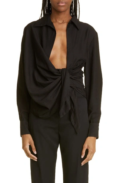 Jacquemus Bahia Open Drape Long Sleeve Shirt In Black