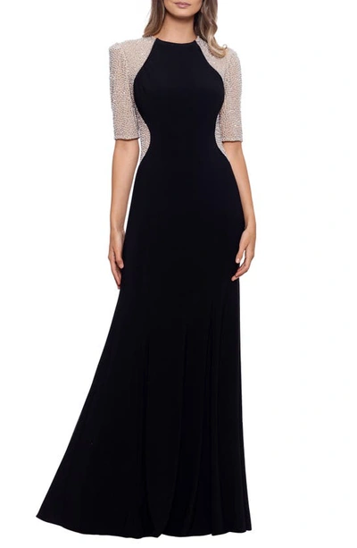Xscape Plus Size V-neck Gown In Black Nude Silver