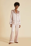 OLIVIA VON HALLE COCO OYSTER NAVY SILK SATIN PYJAMA SET