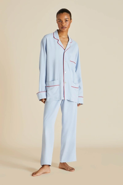 OLIVIA VON HALLE LAURENT CERULEAN BLUE PYJAMAS IN SANDWASHED SILK